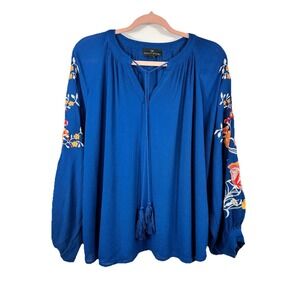 Tracy Evans Boho Embroidered Peasant Blouse M Royal Blue Ethereal Folk Cottage